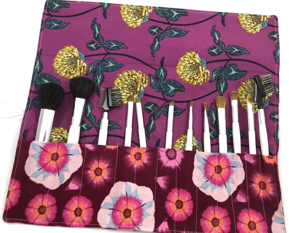 Floral Makeup Brush Roll, Travel Make Up Brush Holder, Brush Bag - EcoHip Custom Designs