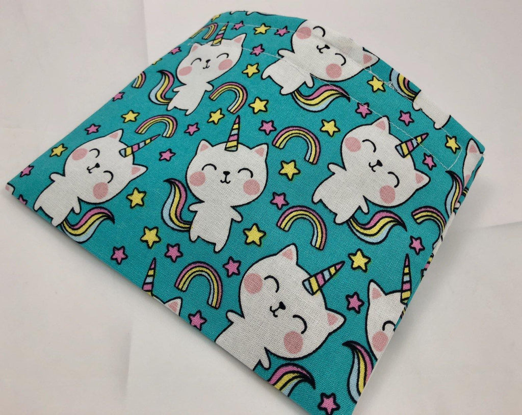 Reusable Snack Bag, Kitten Reusable Baggie, Unicorn Snack Bag, Fabric Snack Bag, Reusable Fabric Snack Bag - Unicorn Cat Blue