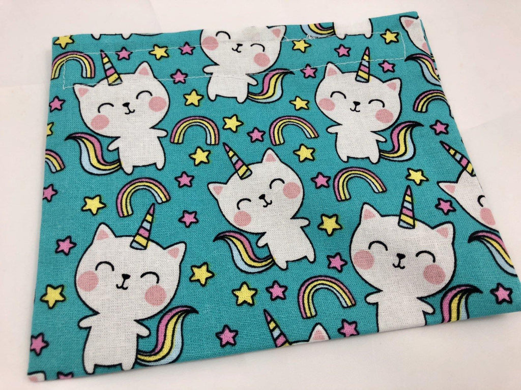 Reusable Snack Bag, Kitten Reusable Baggie, Unicorn Snack Bag, Fabric Snack Bag, Reusable Fabric Snack Bag - Unicorn Cat Blue