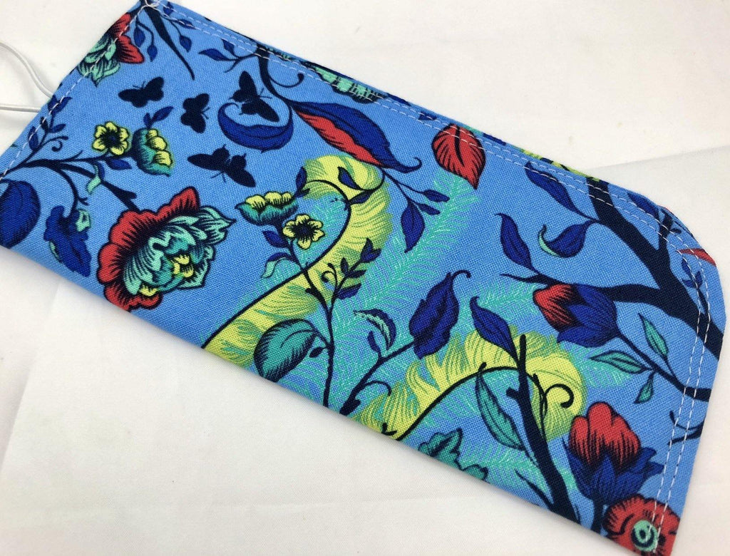 Fabric Eyeglass Case, Sunglasses Sleeve, Soft Eyeglass Pouch, Eye Glasses Pouch, Reading Glasses Case - Tail Feathers Poppy Blue