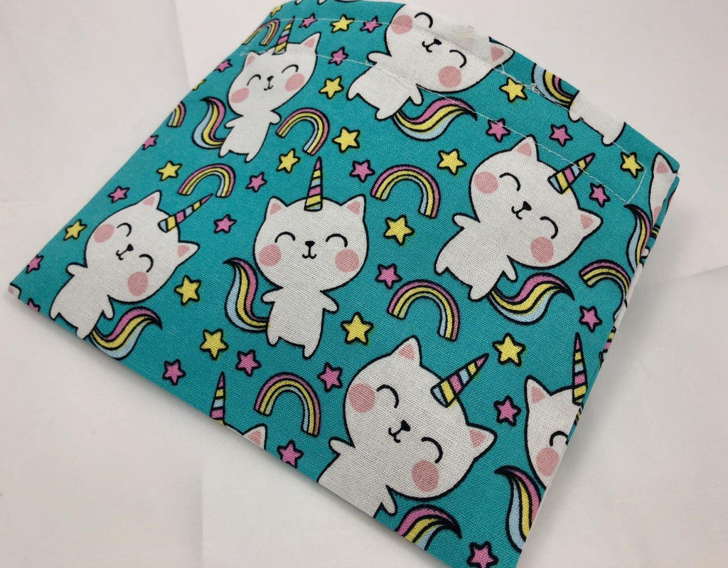 Reusable Snack Bag, Kitten Reusable Baggie, Unicorn Snack Bag, Fabric Snack Bag, Reusable Fabric Snack Bag - Unicorn Cat Blue