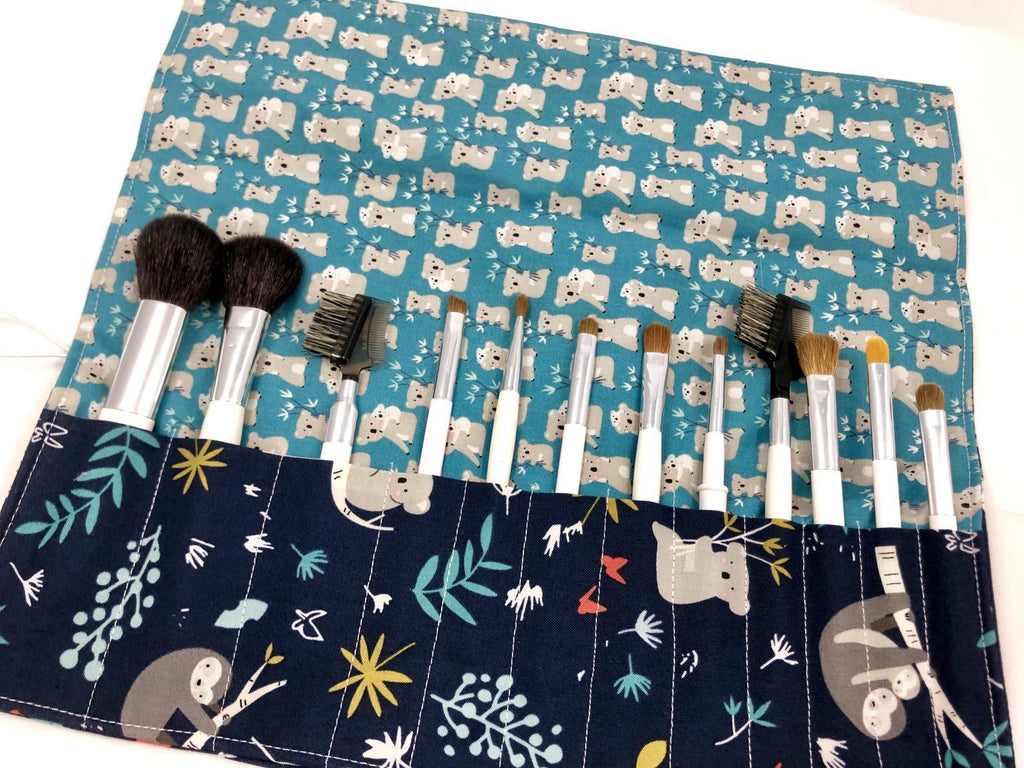 Koala Bear Makeup Brush Holder, Blue Travel Make Up Brush Roll, Sloth Bag - EcoHip Custom Designs