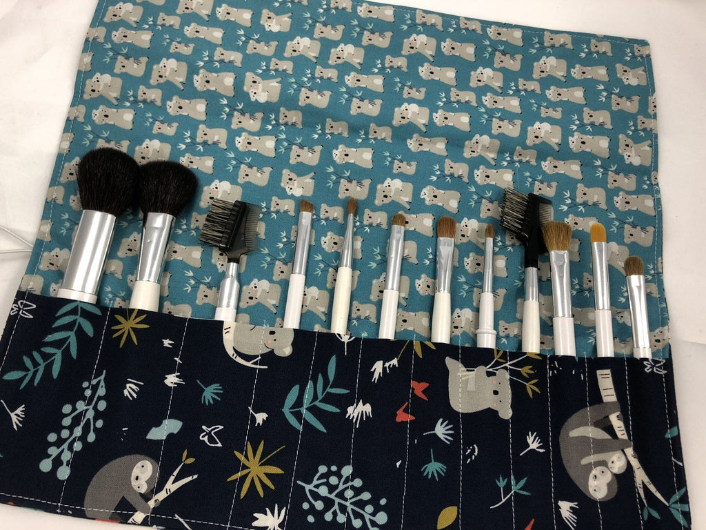 Koala Bear Makeup Brush Holder, Blue Travel Make Up Brush Roll, Sloth Bag - EcoHip Custom Designs