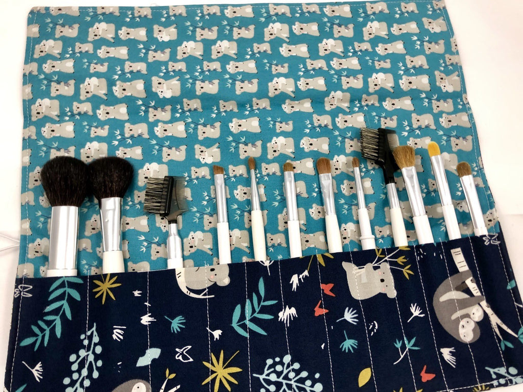 Koala Bear Makeup Brush Holder, Blue Travel Make Up Brush Roll, Sloth Bag - EcoHip Custom Designs