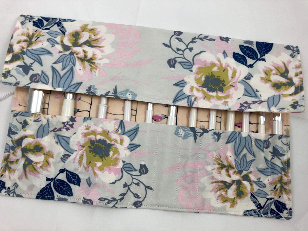 Blue Floral Makeup Brush Holder, Travel Cosmetic Brush Case, Paint Brush Roll - EcoHip Custom Designs