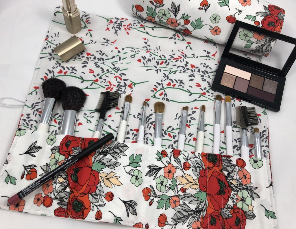 Red Floral Cosmetic Brush Roll, Travel Makeup Brush Holder, Paint Brush Bag - EcoHip Custom Designs