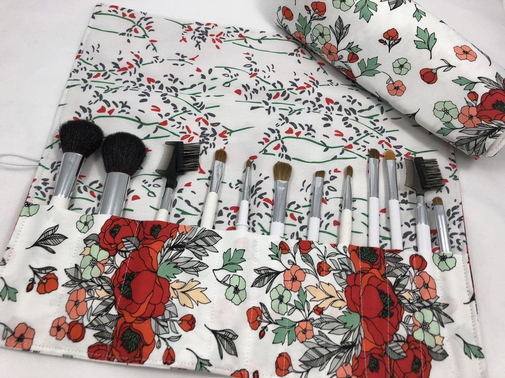 Red Floral Cosmetic Brush Roll, Travel Makeup Brush Holder, Paint Brush Bag - EcoHip Custom Designs