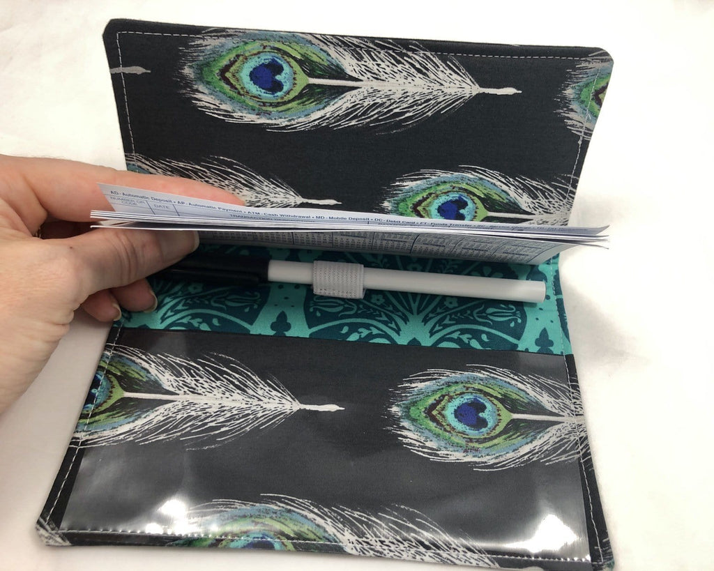 Black Check Book Register, Feather Duplicate Checkbook Cover, Pen Holder - EcoHip Custom Designs