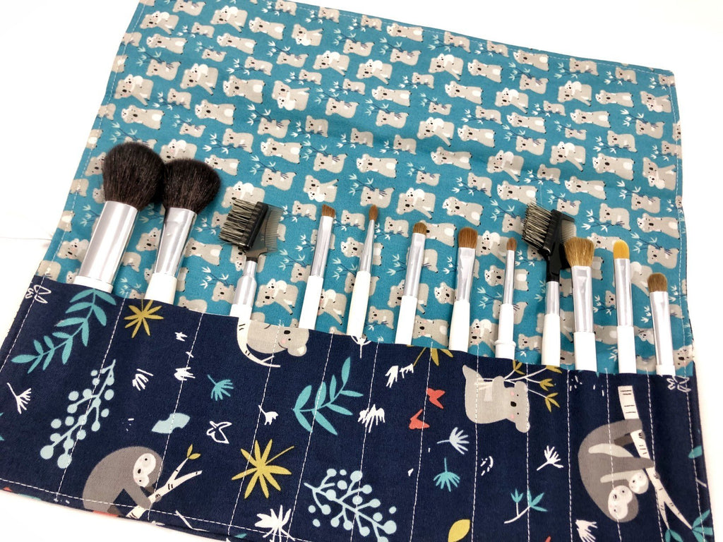 Koala Bear Makeup Brush Holder, Blue Travel Make Up Brush Roll, Sloth Bag - EcoHip Custom Designs