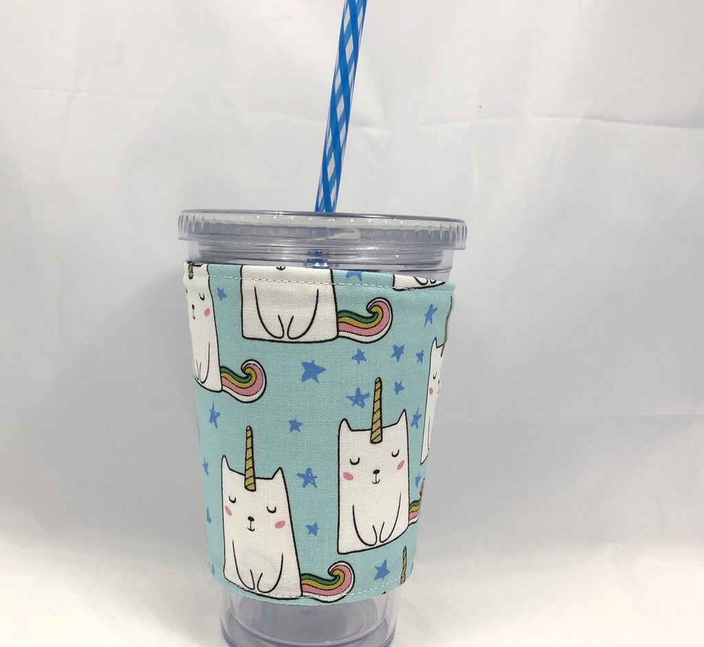 Blue Sloth Iced Coffee Cozy, Caticorn, Reversible Coffee Cozy, Reusable Drink Sleeve - EcoHip Custom Designs