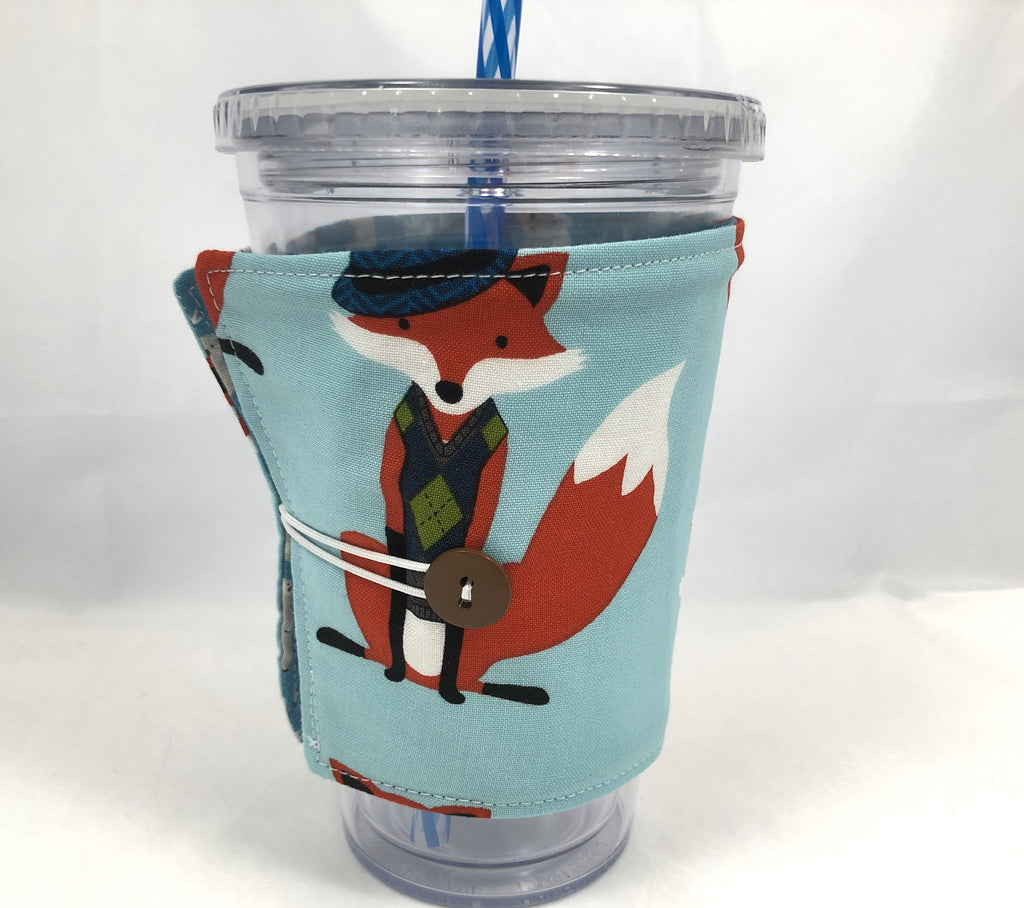 Aqua Blue Foxes Coffee Cozy, Reversible Iced Drink Sleeve, Sloth Insulated Hot Tea Cozy - EcoHip Custom Designs