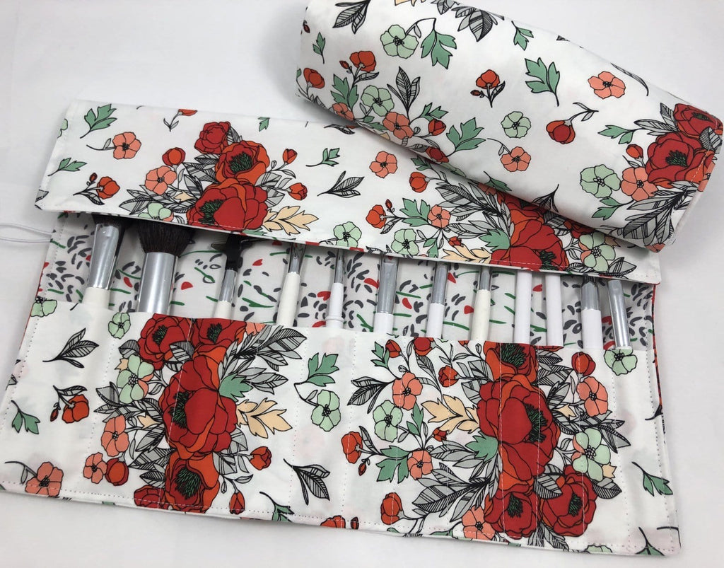 Red Floral Cosmetic Brush Roll, Travel Makeup Brush Holder, Paint Brush Bag - EcoHip Custom Designs