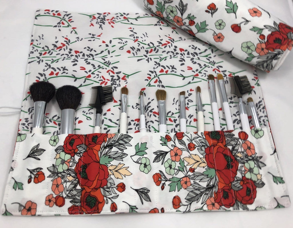 Red Floral Cosmetic Brush Roll, Travel Makeup Brush Holder, Paint Brush Bag - EcoHip Custom Designs