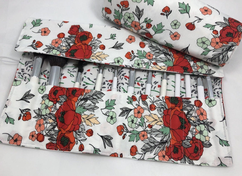 Red Floral Cosmetic Brush Roll, Travel Makeup Brush Holder, Paint Brush Bag - EcoHip Custom Designs