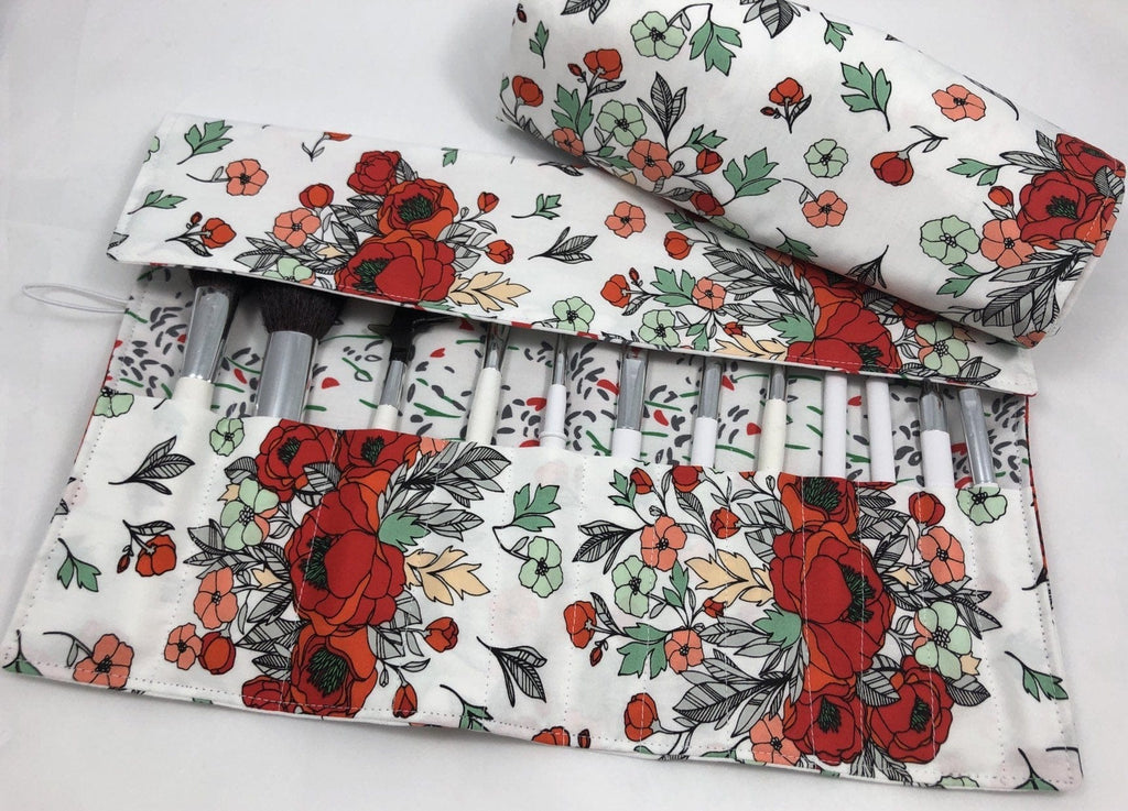 Red Floral Cosmetic Brush Roll, Travel Makeup Brush Holder, Paint Brush Bag - EcoHip Custom Designs