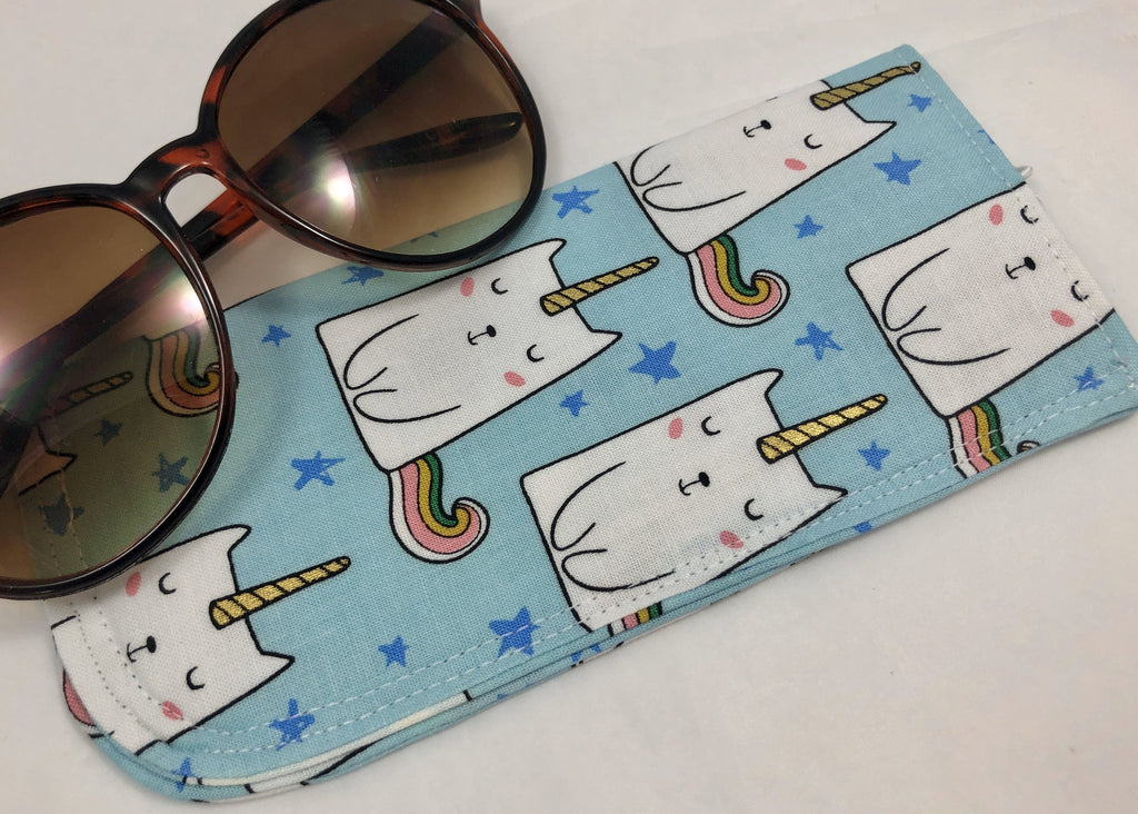 Caticorn Eyeglass Case, Blue Sunglass Sleeve, Soft Reading Glass Pouch - EcoHip Custom Designs