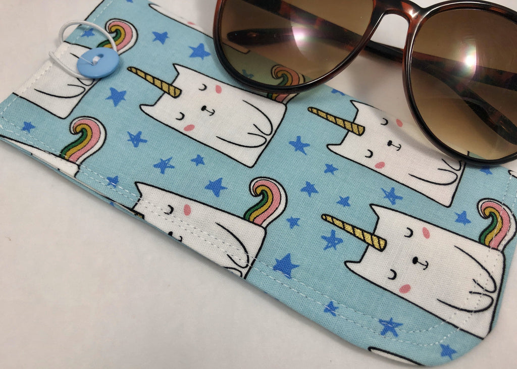 Caticorn Eyeglass Case, Blue Sunglass Sleeve, Soft Reading Glass Pouch - EcoHip Custom Designs