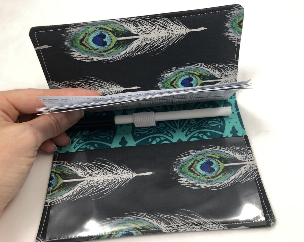 Black Check Book Register, Feather Duplicate Checkbook Cover, Pen Holder - EcoHip Custom Designs