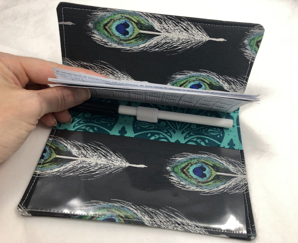 Black Check Book Register, Feather Duplicate Checkbook Cover, Pen Holder - EcoHip Custom Designs