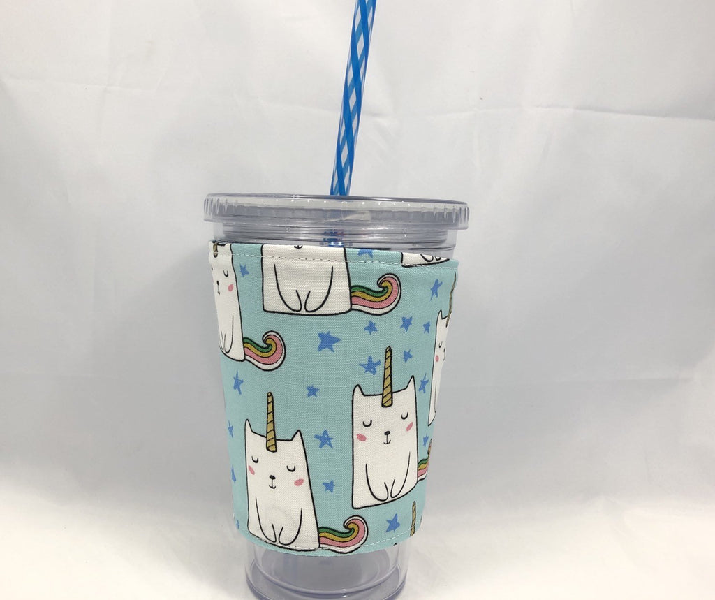 Blue Sloth Iced Coffee Cozy, Caticorn, Reversible Coffee Cozy, Reusable Drink Sleeve - EcoHip Custom Designs