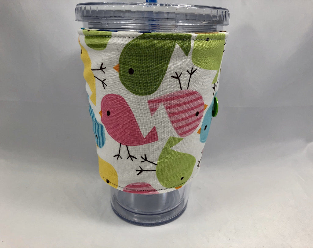 Spring Birds Coffee Cup Sleeve, Iced Coffee Cozy, Insulated Hot Drink Cozy, Pink, Green - EcoHip Custom Designs