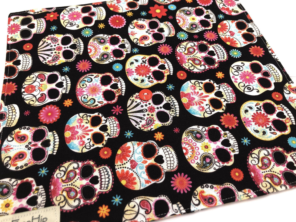 Sugar Skull Makeup Brush Roll, Black Cosmetic Brush Holder, Travel Paint Brush Case - EcoHip Custom Designs