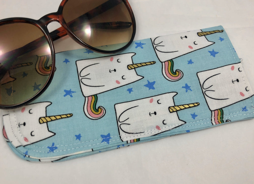 Caticorn Eyeglass Case, Blue Sunglass Sleeve, Soft Reading Glass Pouch - EcoHip Custom Designs