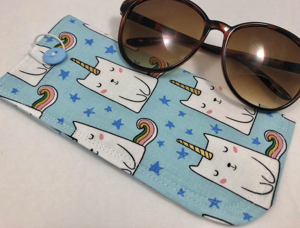 Caticorn Eyeglass Case, Blue Sunglass Sleeve, Soft Reading Glass Pouch - EcoHip Custom Designs