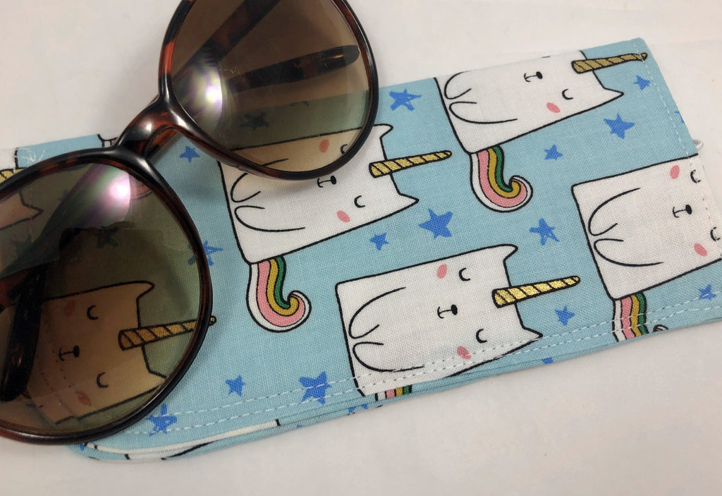 Caticorn Eyeglass Case, Blue Sunglass Sleeve, Soft Reading Glass Pouch - EcoHip Custom Designs