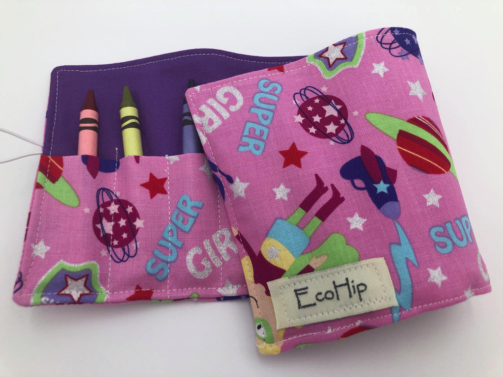 Superhero Girls Crayon Rolls, Super Girls Crayon Organizer, Pink - EcoHip Custom Designs