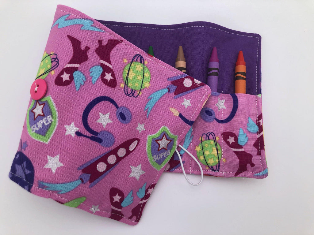 Superhero Girls Crayon Rolls, Super Girls Crayon Organizer, Pink - EcoHip Custom Designs