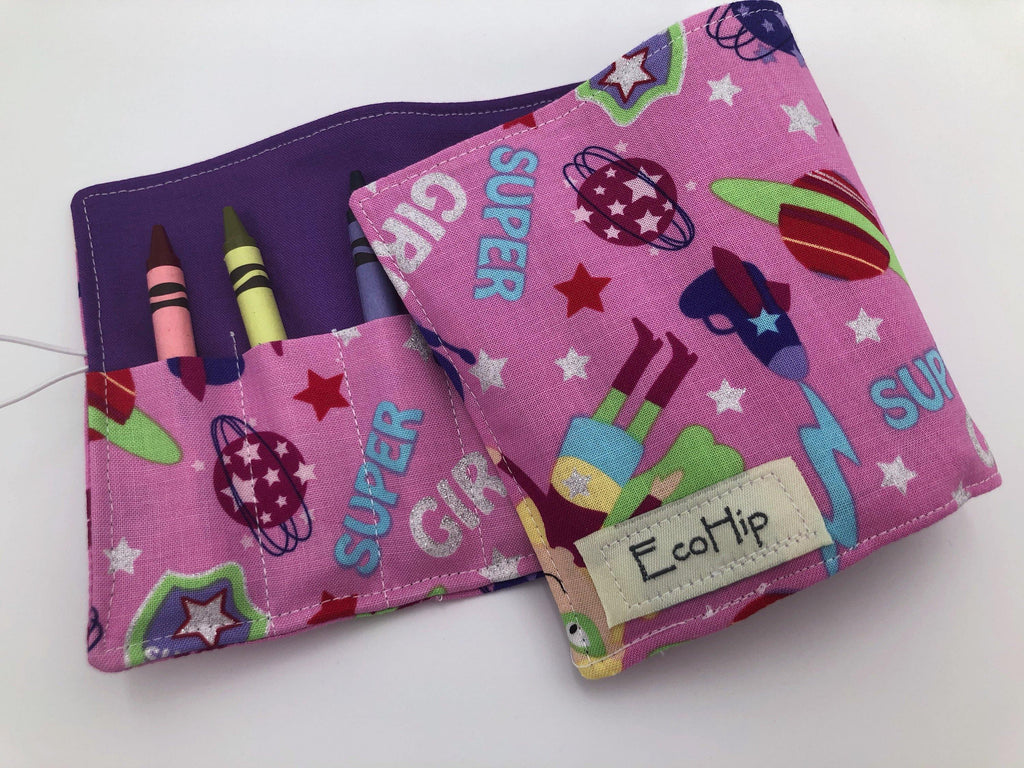 Superhero Girls Crayon Rolls, Super Girls Crayon Organizer, Pink - EcoHip Custom Designs