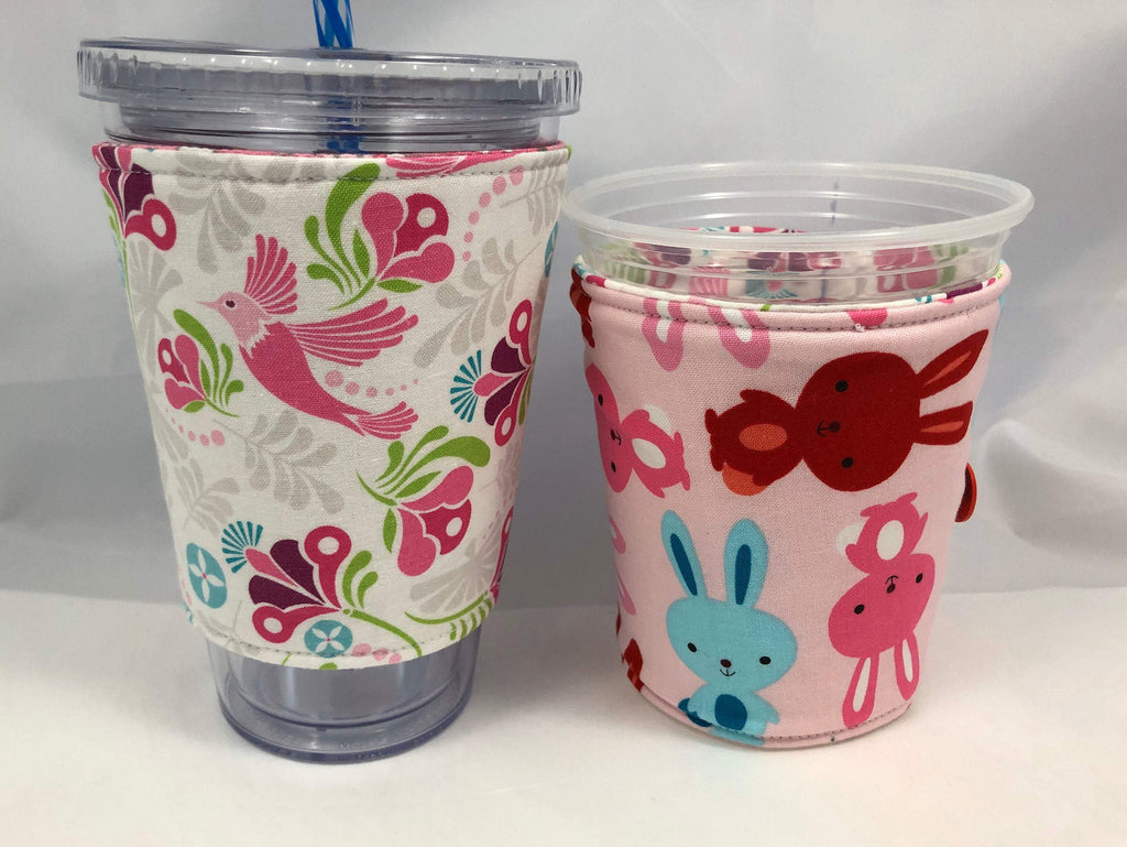 Bunny Rabbit Reversible Coffee Cozy, Pink Bird Hot Coffee Sleeve, Iced Coffee Cuff - EcoHip Custom Designs