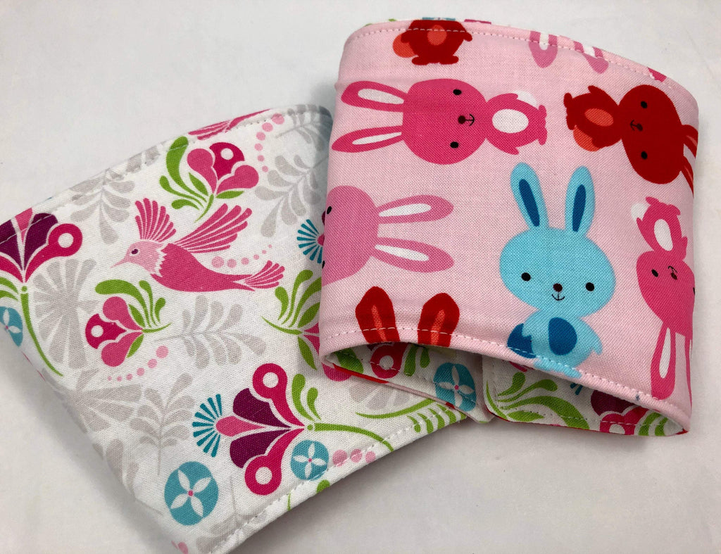 Bunny Rabbit Reversible Coffee Cozy, Pink Bird Hot Coffee Sleeve, Iced Coffee Cuff - EcoHip Custom Designs