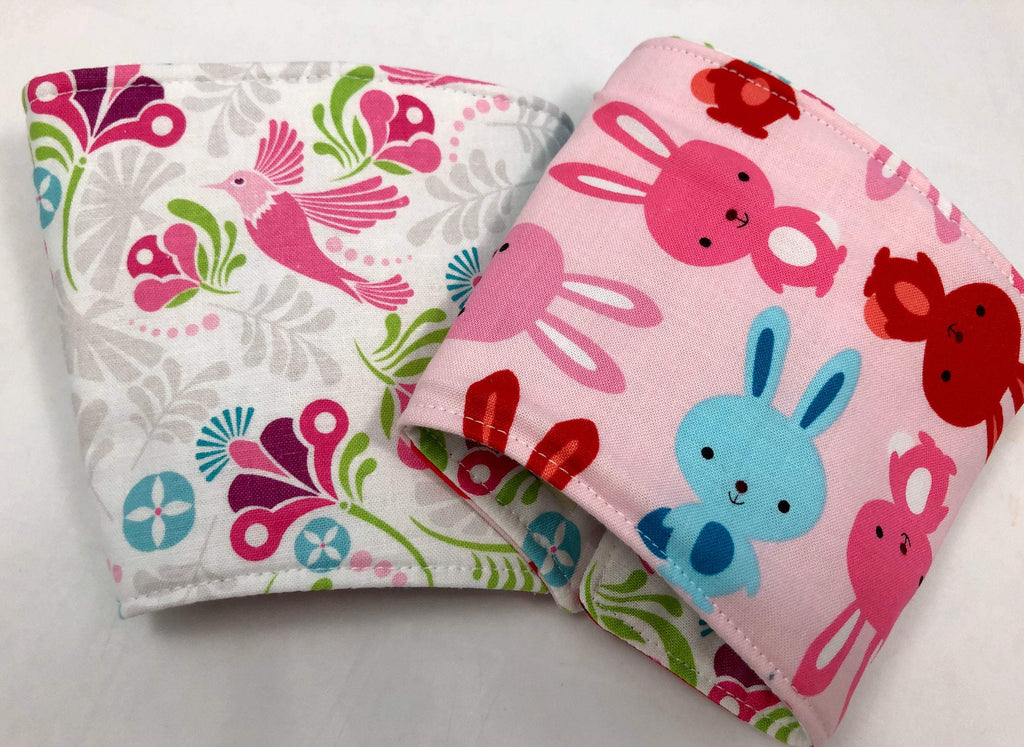 Bunny Rabbit Reversible Coffee Cozy, Pink Bird Hot Coffee Sleeve, Iced Coffee Cuff - EcoHip Custom Designs