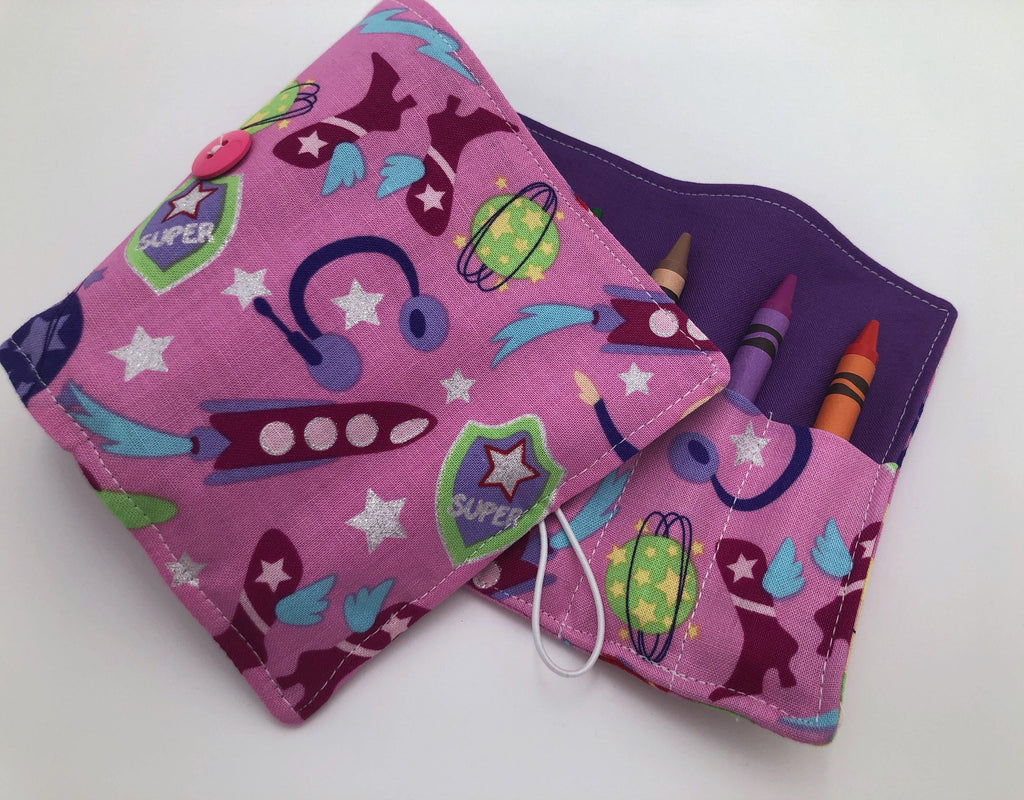 Superhero Girls Crayon Rolls, Super Girls Crayon Organizer, Pink - EcoHip Custom Designs