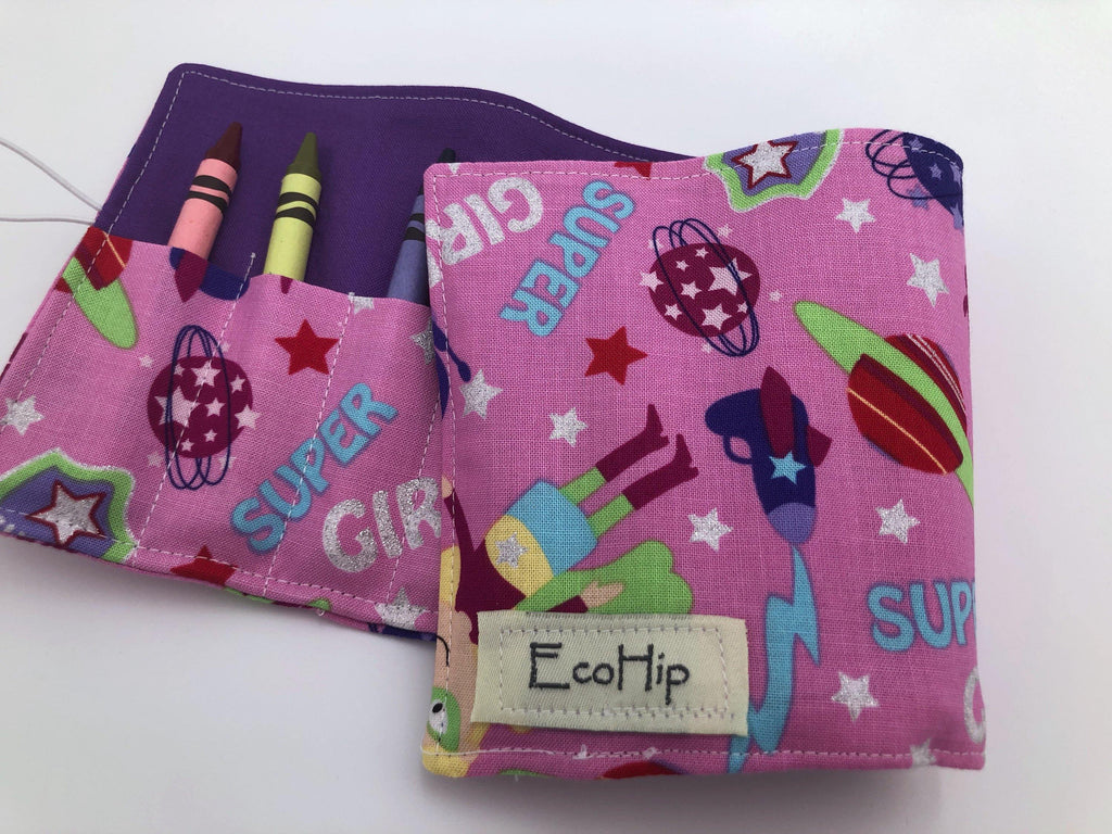 Superhero Girls Crayon Rolls, Super Girls Crayon Organizer, Pink - EcoHip Custom Designs