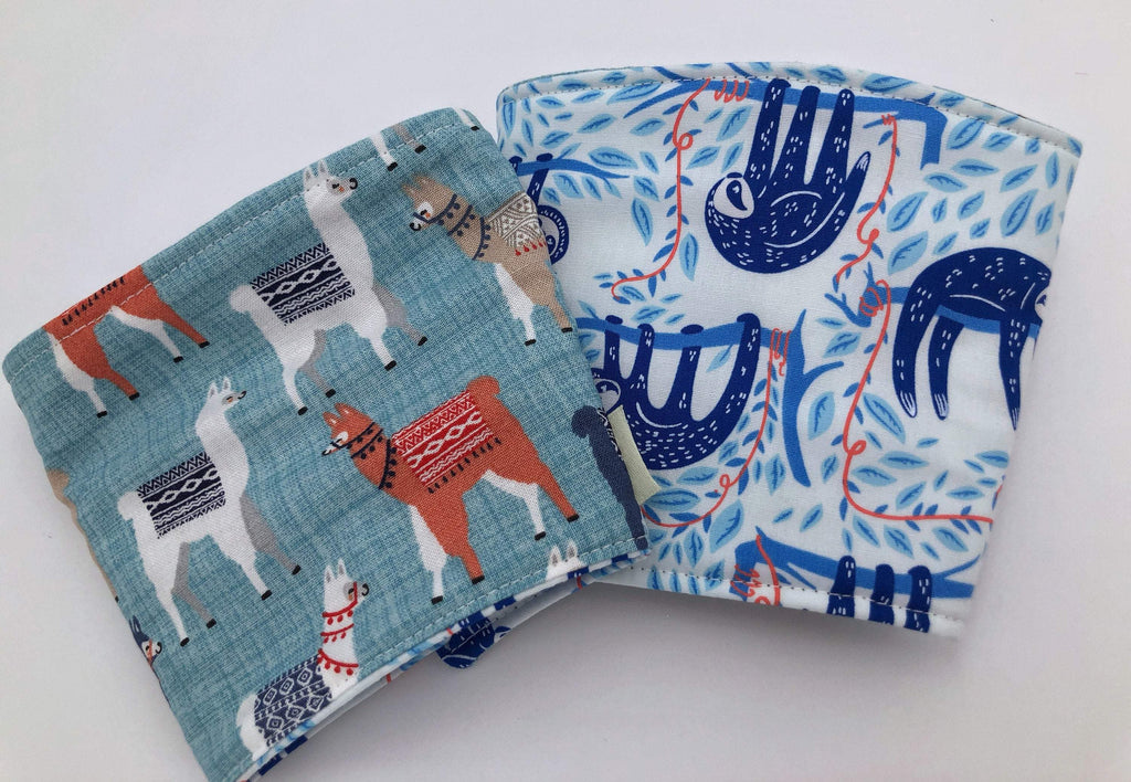 Blue Sloth Coffee Sleeve, Reversible Drink Cozy, Llama Iced Coffee Cuff - EcoHip Custom Designs