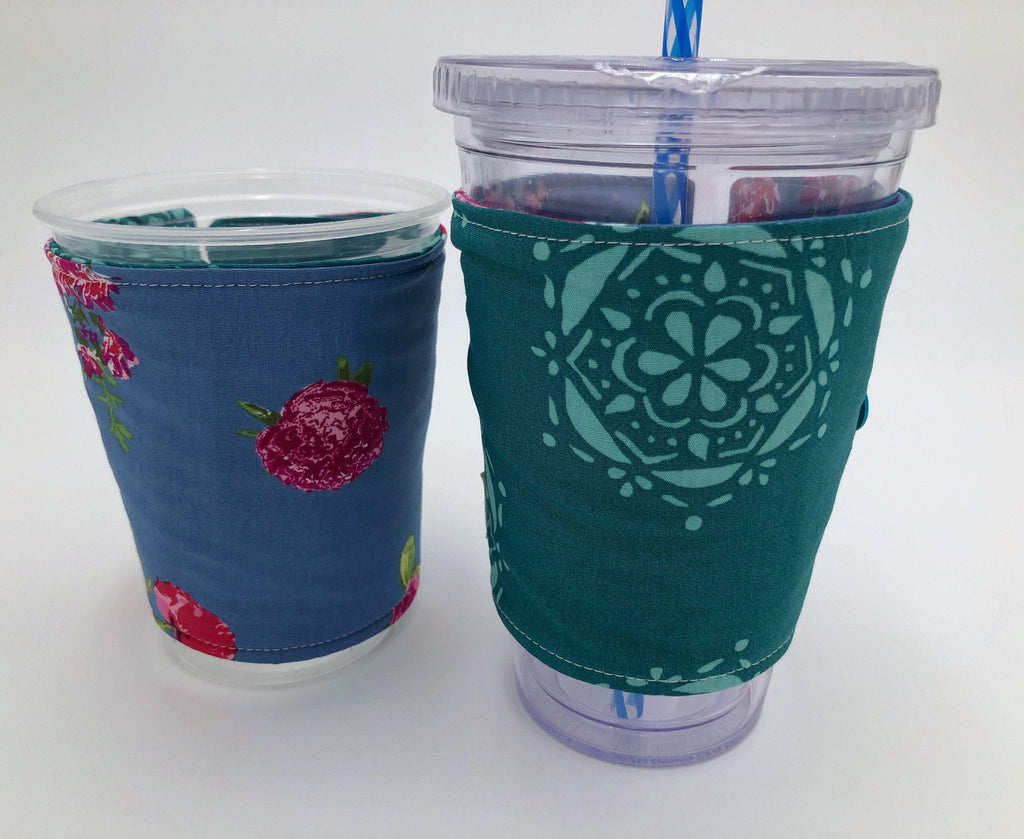 Reversible Coffee Cozy, Floral Coffee Sleeve, Insulated Teal Green Drink Cuff - EcoHip Custom Designs