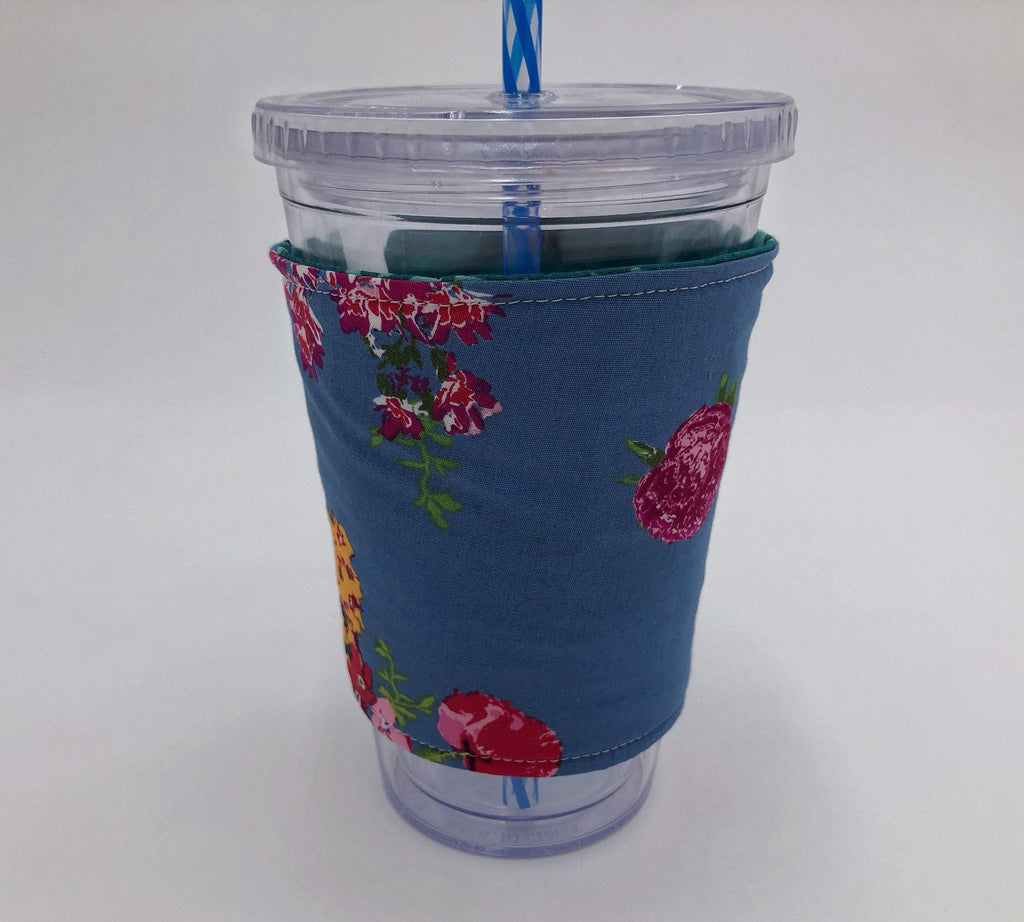 Reversible Coffee Cozy, Floral Coffee Sleeve, Insulated Teal Green Drink Cuff - EcoHip Custom Designs