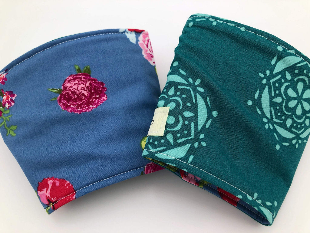 Reversible Coffee Cozy, Floral Coffee Sleeve, Insulated Teal Green Drink Cuff - EcoHip Custom Designs