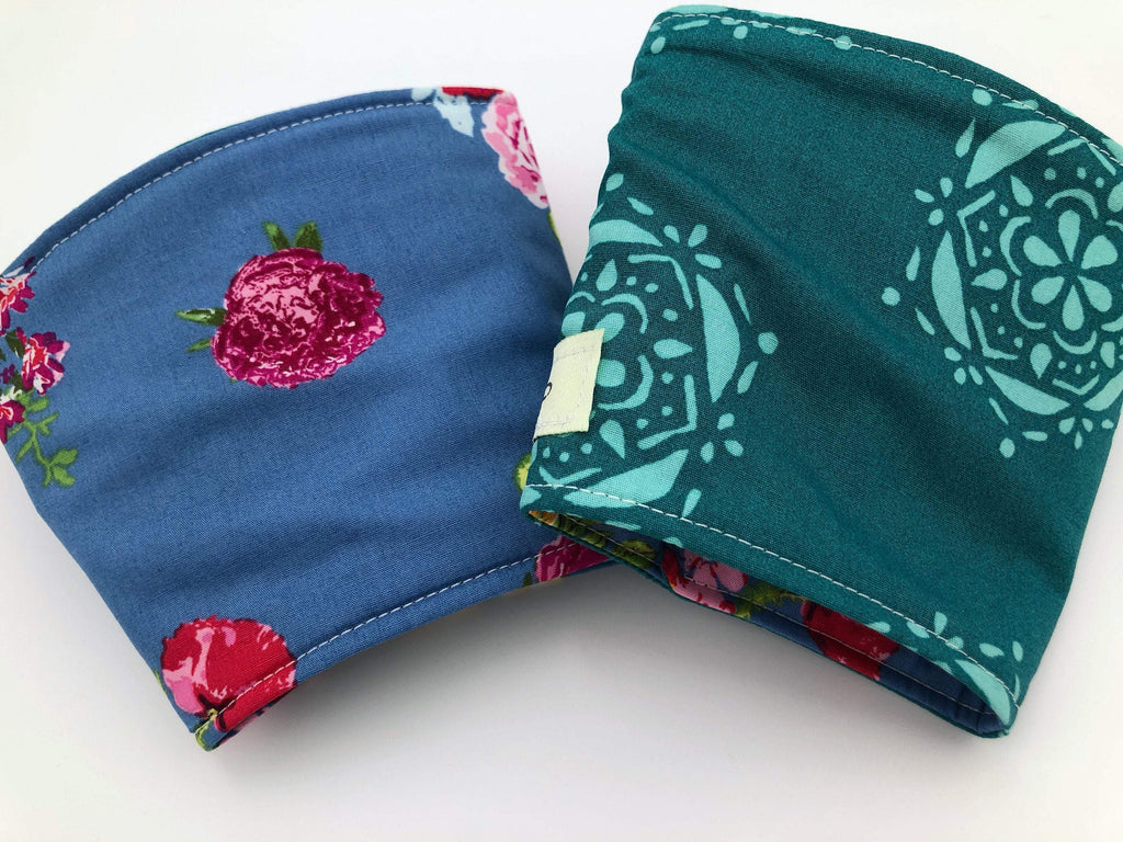 Reversible Coffee Cozy, Floral Coffee Sleeve, Insulated Teal Green Drink Cuff - EcoHip Custom Designs