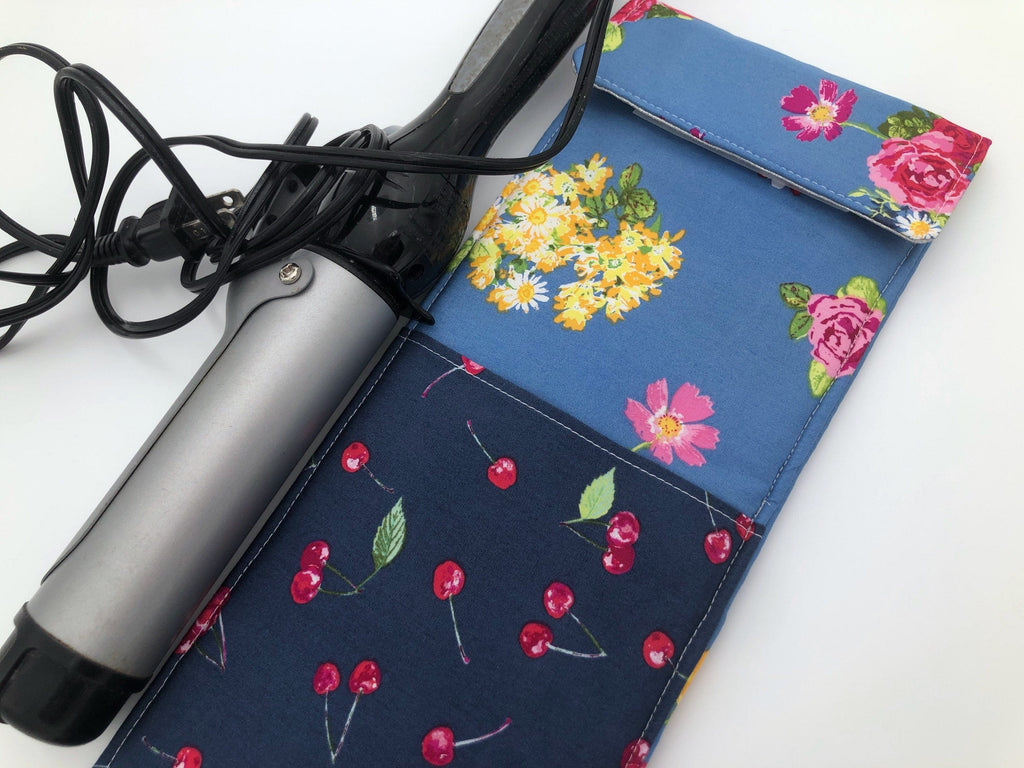 Steel Gray Curling Iron Bag, Cherry Hot Flat Iron Case, Floral Iron Cover - EcoHip Custom Designs