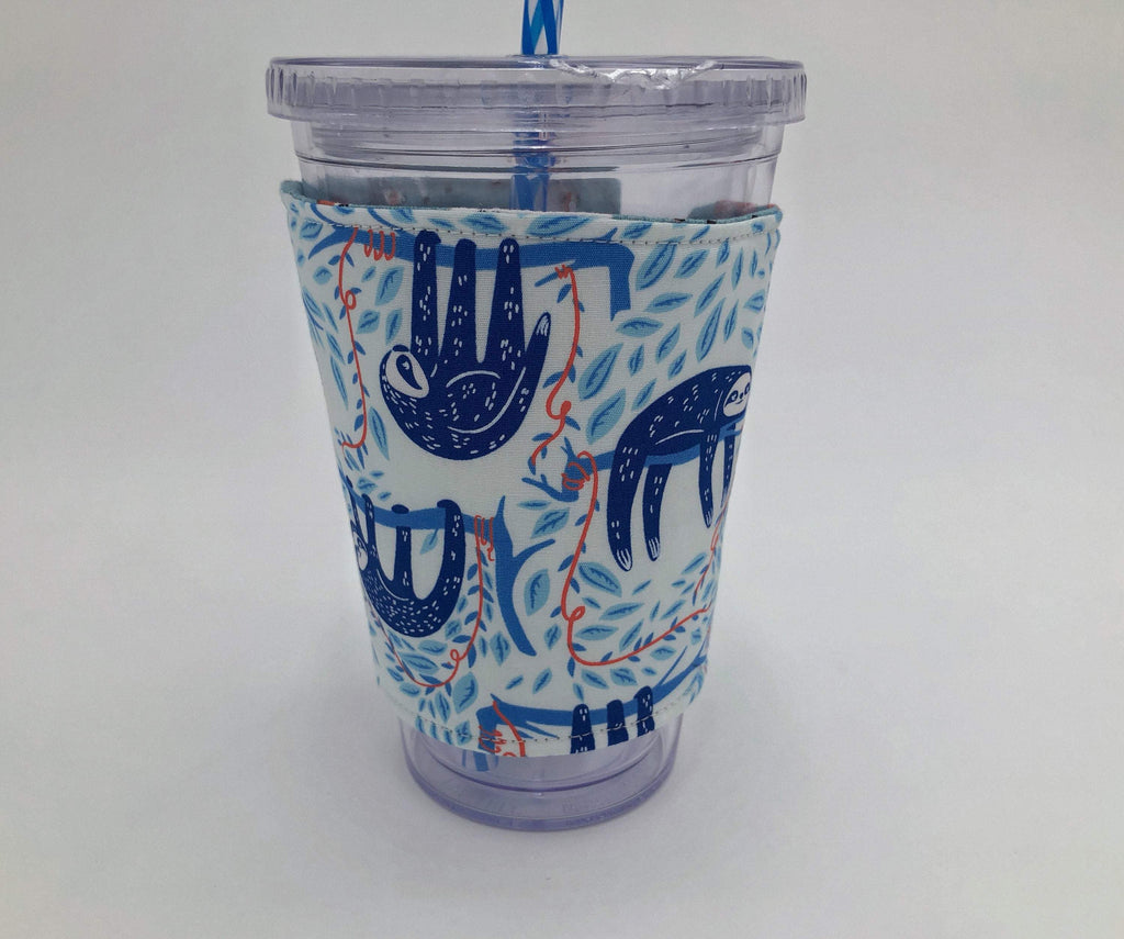 Blue Sloth Iced Coffee Cozy, Gray Owls Insulated Coffee Sleeve, Reversible Drink Cozy - EcoHip Custom Designs