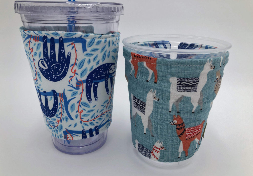 Blue Sloth Coffee Sleeve, Reversible Drink Cozy, Llama Iced Coffee Cuff - EcoHip Custom Designs