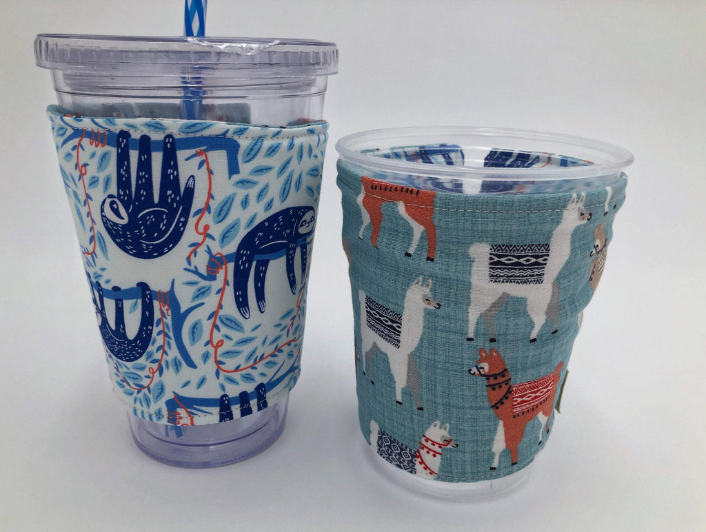 Blue Sloth Coffee Sleeve, Reversible Drink Cozy, Llama Iced Coffee Cuff - EcoHip Custom Designs