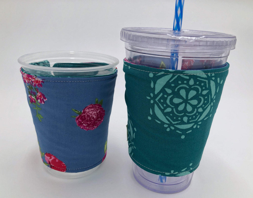 Reversible Coffee Cozy, Floral Coffee Sleeve, Insulated Teal Green Drink Cuff - EcoHip Custom Designs