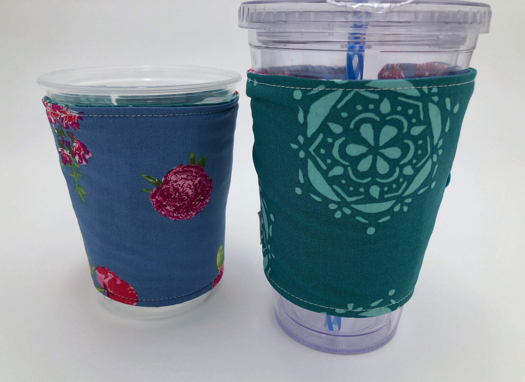 Reversible Coffee Cozy, Floral Coffee Sleeve, Insulated Teal Green Drink Cuff - EcoHip Custom Designs