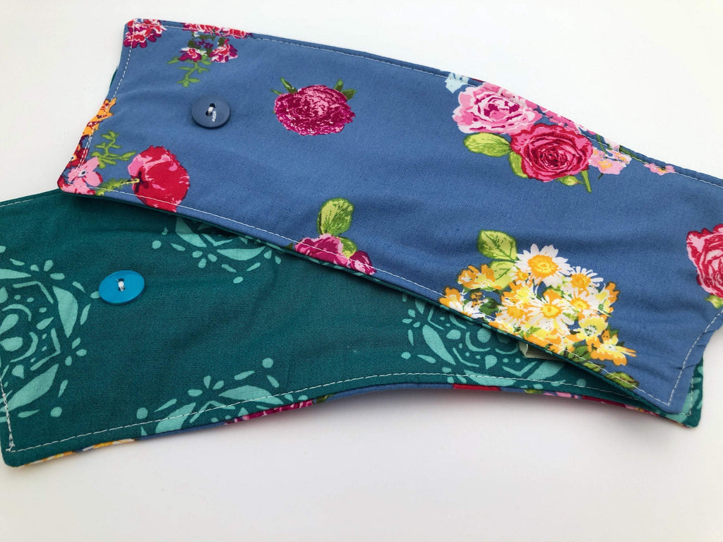 Reversible Coffee Cozy, Floral Coffee Sleeve, Insulated Teal Green Drink Cuff - EcoHip Custom Designs