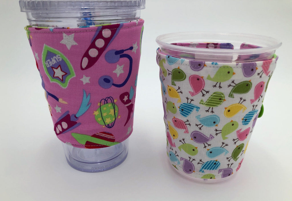 Reversible Coffee Sleeve, Bird Iced Coffee Cozy, Pink Superhero Coffee Cup Cuff - EcoHip Custom Designs